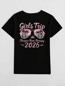 Girls' Travel T-Shirt With Front And Back Graphics 2026, Beach Vacation Style With Palm Trees And Sunglasses, Suitable For Summer Vacation, Women's Solid Color Short Sleeve Casual Top, Round Neck Design, Double-Sided Graphics In Black. - 黑色 - 查看 3