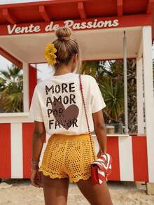 DrmWander Women's T-Shirt, Short Sleeve Graphic Tee, Casual Street Style, Cute Summer Top - 杏 - 查看 5