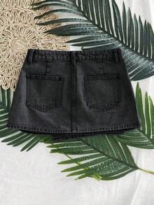 Minifalda vaquera casual con bajo asimétrico para mujer - Negro - Ver 2