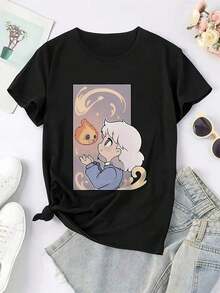 Camiseta de Manga Corta para Mujeres - Impresión de Dibujos Animados de Harry's Moving Castle, Suave y Transpirable, de Secado Rápido, Comodidad para Todas las Estaciones, Cuello RedondoPure-Cotton - Negro - Ver 1