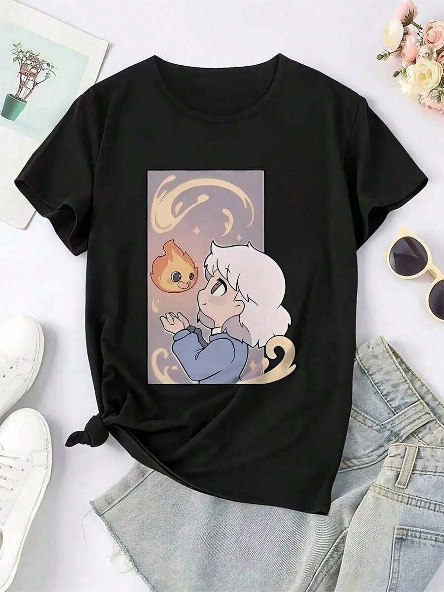 Camiseta de Manga Corta para Mujeres - Impresión de Dibujos Animados de Harry's Moving Castle, Suave y Transpirable, de Secado Rápido, Comodidad para Todas las Estaciones, Cuello RedondoPure-Cotton - Negro - Ver 1