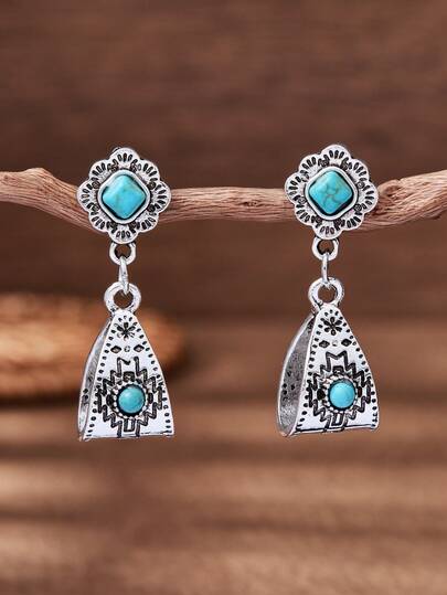LUMIDIYA Vintage Western Style Carved Totem Turquoise Inlaid Earrings, Bohemian Dangling Earrings For Women, Suitable For Daily, Party And Festival Outfits, Retro Fashion Turquoise Jewelry Gift For Her