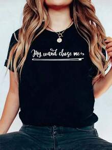 100% Cotton Gift For Violinist, Violin T-Shirt 'My Wand Chose Me', Casual Print, Short Sleeve, Black, Graphic T-Shirts For Women - 黑色 - 查看 6