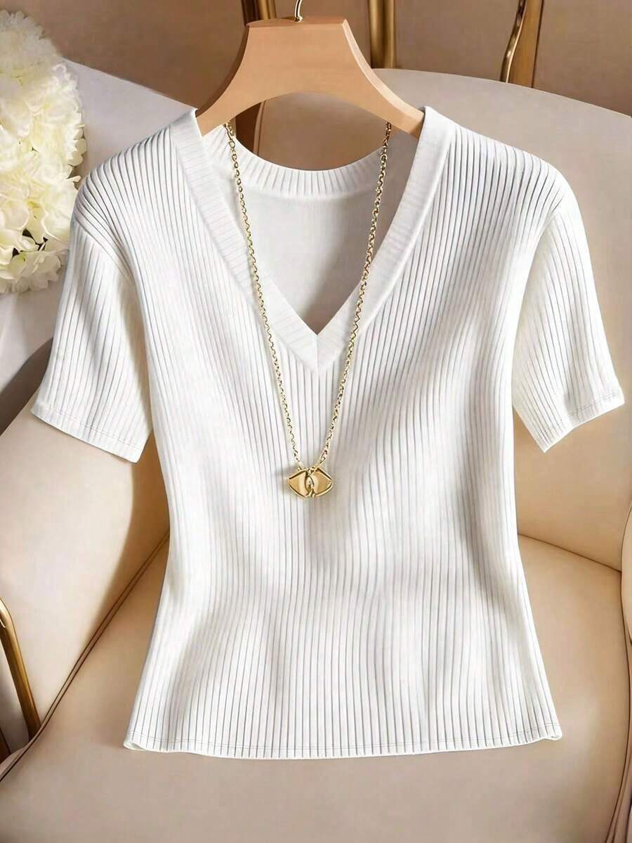 Camiseta de mujer elegante y casual de cuello en V y manga corta - Blanco - Ver 1