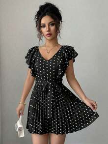 Vestido elegante y romántico para vacaciones con cuello en V con volantes, cintura ceñida y estampado de lunares en forma de línea A para mujeres - Multicolor 7 - Ver 4