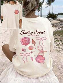 Conjuntos de Verano para Mujer 2026 Primavera/Verano: Nueva Camiseta de Verano de Manga Corta para Mujer con Cuello Redondo, Estampado Artístico de Conchas y Estrellas, Estilo Casual para Vacaciones en la Playa, Estampado de Doble Cara, Holgada y Cómoda, Ropa de Verano para Mujer. - Estilo - Ver 4
