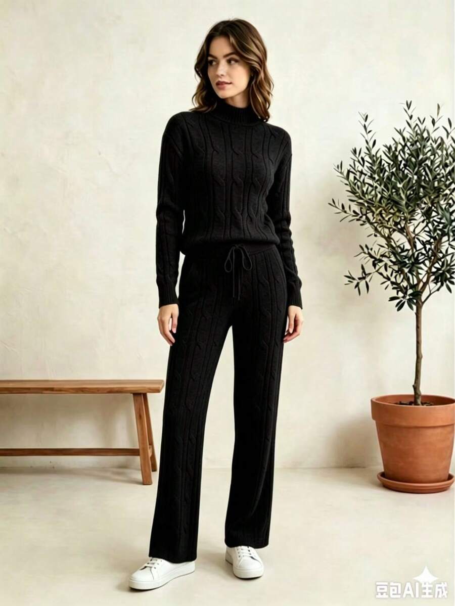 1pc Casual Blouse And Pants Set, Daily Winter Modal Knit, Classic Cable Knit - Black - View 1