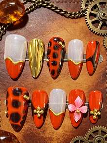 10PCS Women Retro Tortoise Press On Nails, Handmade Acrylic Fake Nails With Orange & Gold Base, 3D Flower & Gold Nail Charms, Glossy Almond Shape, Reusable Faux Ongles For Daily Wear, Nail Supplies, Nail Charms, Nail Kit - Multicolor - View 2