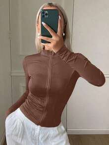 Chaqueta delgada casual de manga larga y ajuste ceñido para mujer, ropa casual de calle para otoño - Marrón - Ver 3