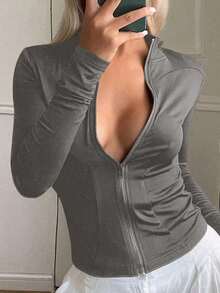 Chaqueta casual deportiva de manga larga y ajuste ceñido para mujer, estilo callejero, chaqueta ligera de verano - Gris - Ver 5