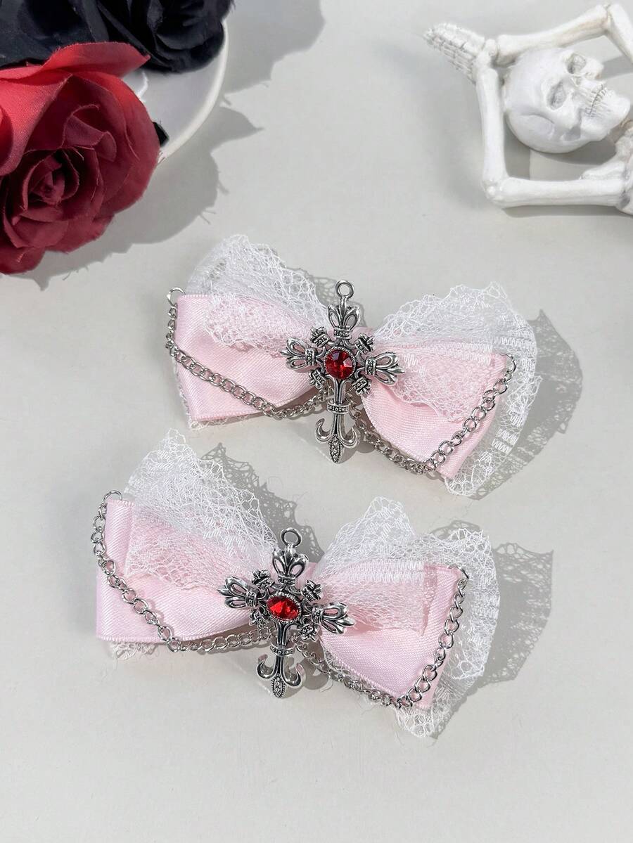 2pcs Gothic Style Lace Ribbon Cross Chain Hair Accessories, Suitable For Holiday Outfits And Daily Wear For Gothic Enthusiasts,Clips For Hair,Claw Clips - Pink - View 1