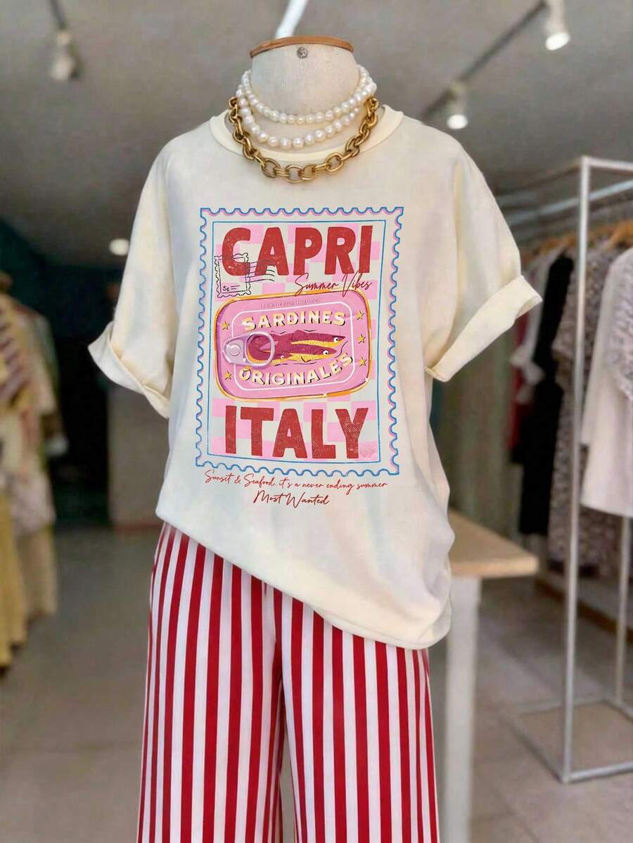 Women's Casual Vacation Round Neck T-Shirt, Comfortable Breathable Fabric, Suitable For Spring/Summer Outings, Loose Fit Flattering Silhouette, Best Choice For Holidays And Travel - Apricot - View 1