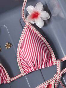 Conjunto de bikini de 2 piezas con estampado floral diminuto y escote halter para vacaciones y playa - Rojo - Ver 7