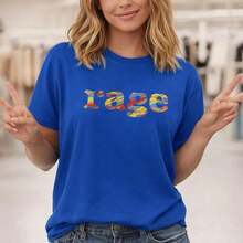Camiseta de algodón de manga corta para mujer de talla grande, corte holgado, cuello redondo, estilo casual con estampado gráfico colorido "Rage", suave y transpirable, camiseta básica para uso diario, moda urbana, ropa cómoda de talla grande, adecuada para primavera, verano y otoño. - Azul - Ver 1