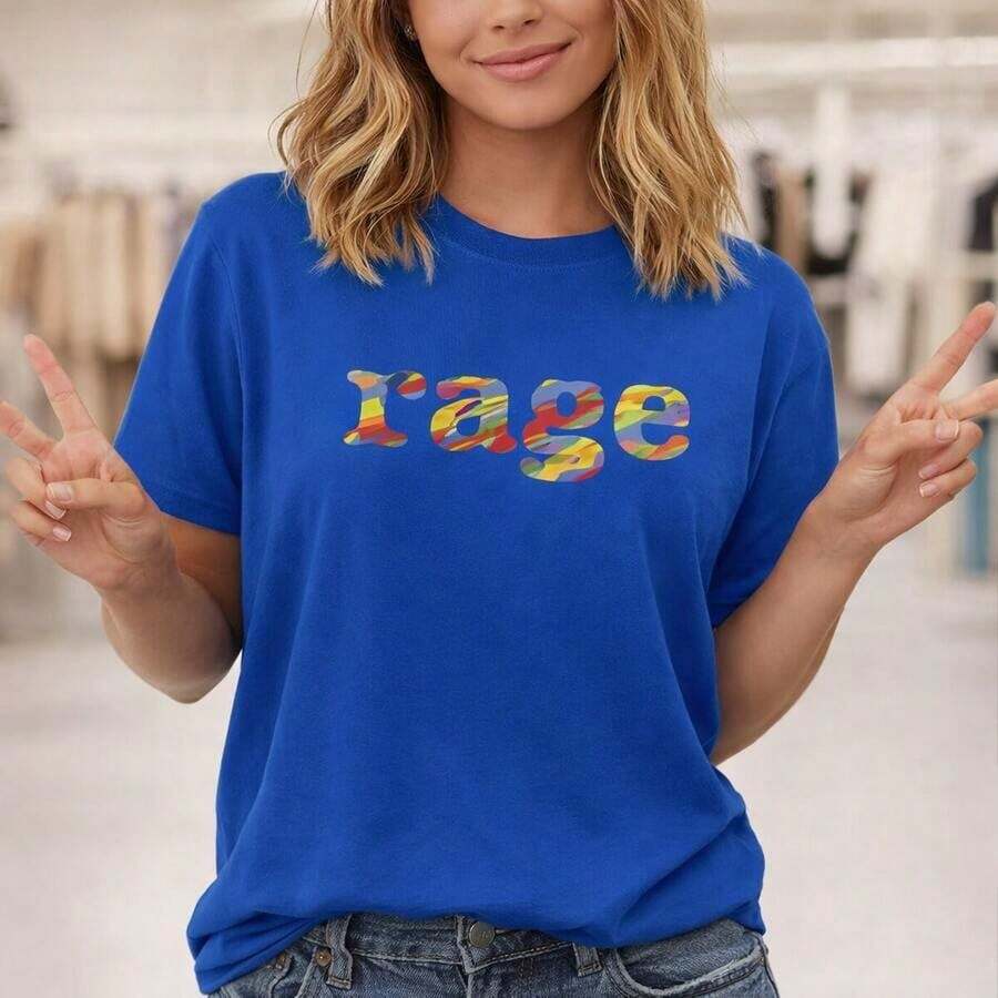 Camiseta de algodón de manga corta para mujer de talla grande, corte holgado, cuello redondo, estilo casual con estampado gráfico colorido "Rage", suave y transpirable, camiseta básica para uso diario, moda urbana, ropa cómoda de talla grande, adecuada para primavera, verano y otoño. - Azul - Ver 1