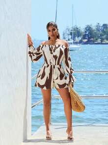 - Mono de mujer con estampado de pincel y volantes en los hombros, ropa de vacaciones para mujer, conjuntos de verano para mujer, mono de verano para mujer, ropa de playa para mujer, para salir, atuendo para crucero. - Marrón - Ver 4