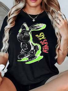 Conejo futurista con detalles mecánicos y trazos luminosos que transmiten energía y dinamismo camiseta de mujer 100% algodón 220g - Negro - Ver 2