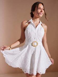 Elegante mini vestido de verano blanco con bordados, cuello de encaje de vieira, botones y cinturón, atuendos de verano para mujeres, atuendos para brunch, atuendos de vacaciones para mujer - Negro - Ver 7