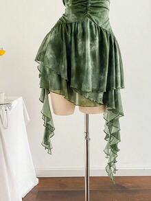 Vestido azul impreso de malla de punto con escote de halter romántico de vacaciones para mujeres - Verde - Ver 6