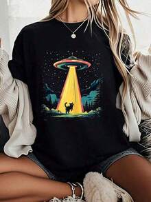 Camiseta Casual con Estampado Gráfico de Gato OVNI para Mujeres Amantes de los Gatos, Manga Corta, Top Casual de Verano - Negro - Ver 2