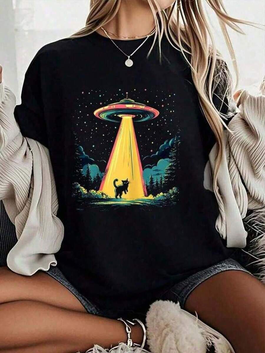 Camiseta Casual con Estampado Gráfico de Gato OVNI para Mujeres Amantes de los Gatos, Manga Corta, Top Casual de Verano