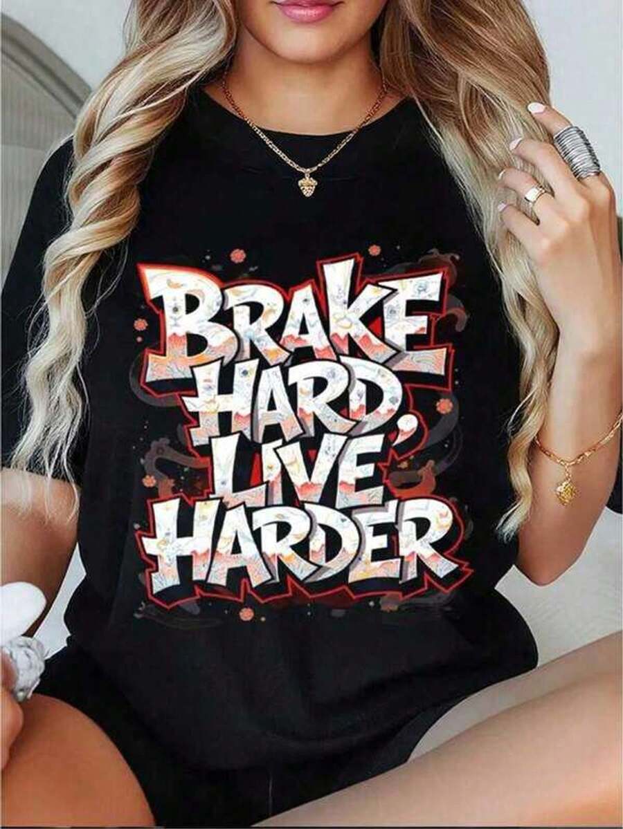 1 Camiseta de mujer con gráfico Hard Live Harder y diseño de motocicleta roja, tejido ligero de 180gsm, camiseta casual de cuello redondo para primaveraveranootoño