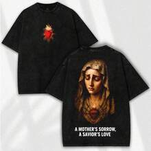 lbum  mundial 2026A Mother's Sorrow Washed Tee: Vintage Christian Faithcore Streetwear - Sacred Heart Mary Jesus Graphicplayeras de hombre algodón - Negro - Ver 1