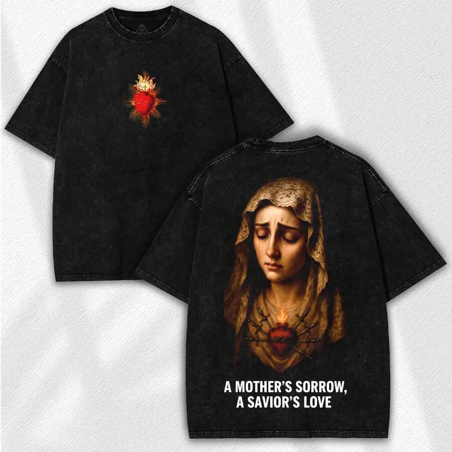 lbum  mundial 2026A Mother's Sorrow Washed Tee: Vintage Christian Faithcore Streetwear - Sacred Heart Mary Jesus Graphicplayeras de hombre algodón - Negro - Ver 1