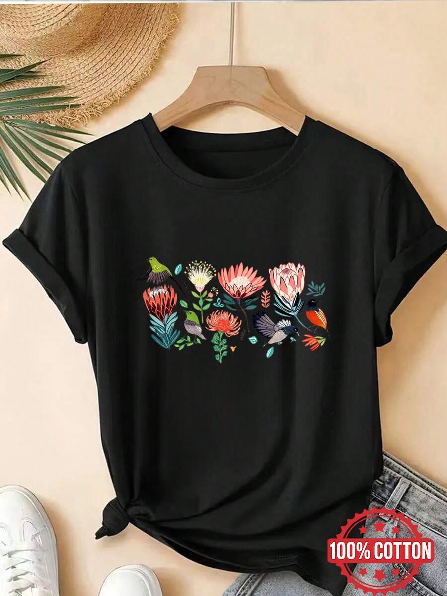 Todas las Flores de Protea y Aves con Acentos Brillantes y Vibrantes, Camiseta de Mujer de Cuello Redondo y Manga Corta Versátil - Negro - Ver 1