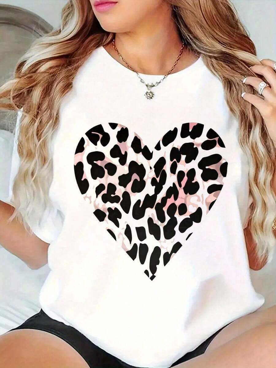 Women's Casual Cotton Crew Neck Graphic Print T-Shirt, Black And White Options, Heart And Leopard Print Design, Casual Wear, Loose Fit Short Sleeve T-Shirts For Spring, Fashionable Summer Basic T-Shirts, Clothing Gift For Women, 100% Cotton, Durable - 白色 - 查看 1