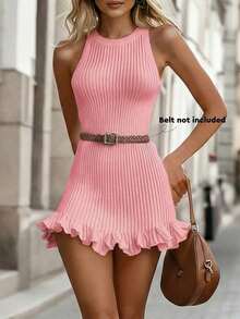Women's Fitted Sleeveless Sweater Dress With Ruffled Hem - Rosa - View 1