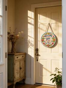 1 pieza Bienvenida a mi lugar feliz colgante de puerta, decoración de pared redonda floral vintage, estilo granja pastoral decoración del hogar, impresión plana 2D no 3D, alternativa de corona para decoración de entrada de jardín porche exterior interior, letrero de puerta principal, estilo rústico campestre, primavera verano patio balcón entrada regalo de inauguración de casa decoración de granja fiesta de vacaciones acento colgante temático decoración de pared placa - Multicolor - Ver 11