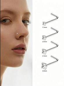 4pcs/Set Silver Cubic Zirconia Nose Studs, Stainless Steel Mini Nose Rings With Artificial Zirconia Straight Nose Rings/Nose Jewelry, Suitable For Daily Wear, Gift - Silver - View 8