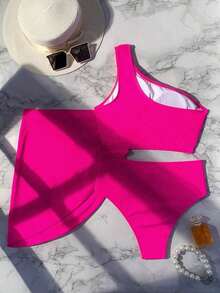 Swim Vcay Bikini minimalista de 2 piezas de color liso para vacaciones en la playa en verano 2025 - Rosa Fucsia - Ver 2