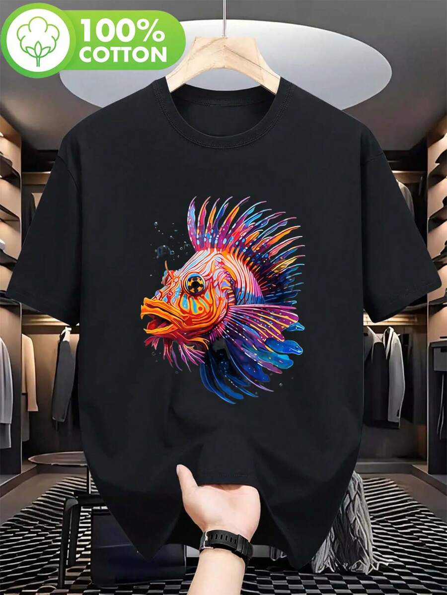 Nueva camiseta de manga corta para mujer de 180g,% algodón - Camiseta casual versátil con estampado de verano para hombre - Camiseta con estampado de verano para parejas - Unisex - Regalo para vacaciones - Negro - Ver 1