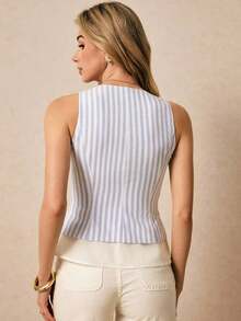 Camisa de mujer sin mangas con cuello en V, con botones frontales y estampado a rayas - Azul y blanco - Ver 2