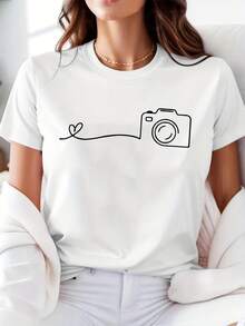 Camiseta de manga corta con cuello redondo para mujer, con estampado geométrico de latidos del corazón, 180g, 100% algodón. - Blanco - Ver 1