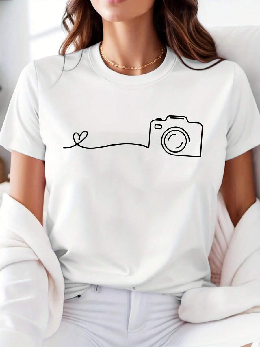 Camiseta de manga corta con cuello redondo para mujer, con estampado geométrico de latidos del corazón, 180g, 100% algodón. - Blanco - Ver 1
