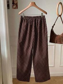 Pantalones casuales anchos con cintura de corbata y estampado de lunares para mujer - Marrón - Ver 2