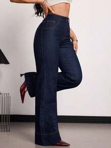 Tall Jeans de tiro alto, de pierna ancha y holgados, con bolsillos, versátiles, para uso casual en verano y primavera, elegantes para bodas y el Día de San Valentín - Azul lavado oscuro - Ver 6