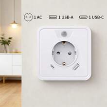 CILIA EU Plug Power Adaptor,Power Strip,Whit Motion Sensor Light,1 Socket,1 USB ,1 Type-C,Category G,48mm.2P,EU General,For Home - White - View 6