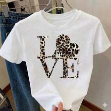 Korean T-Shirt With Round Neck, Short Sleeves, Lightweight And Comfortable Love Print Graphic Tee - 白色的 - 查看 6