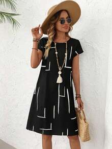 Vestido de verano casual para mujer con estampado integral, cuello redondo y mangas tipo murciélago. Vestidos de verano para mujeres, vestidos tipo camisera para mujeres - Negro - Ver 4