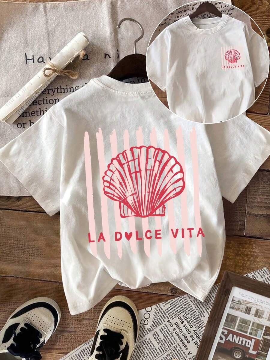 Camiseta de Verano para Mujer con Estampado de Conchas Marinas en la Parte Delantera y Trasera, Estilo Casual, Cuello Redondo, Manga Corta, Adecuada para Vacaciones y Uso Diario - Camiseta Vintage de Estilo Urbano Unisex, Holgada, de Algodón, Manga Corta, Cuello Redondo, blusas para mujer. blusas.blusas casuales para dama. - Blanco - Ver 1