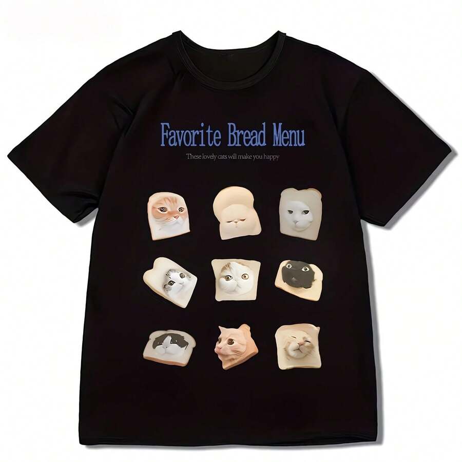 HarAJsuku Style Cat Print T-Shirt, Urban Graphic Tee, Animal Print Top, Casual Urban Fashion, Loose Fit, Short Sleeve - 款式 - 查看 1