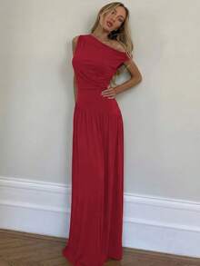 Vestido mujer verano sin mangas cuello oblicuo cintura ajustada estilo europeo elegante moda - Rojo - Ver 3