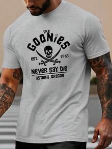 Men's Short-Sleeved T-Shirt, 100% Pure Cotton, Fashionable, Casual, Loose Fit, With Goonies Graphic Print And Round Neck. - 黑色 - 查看 2