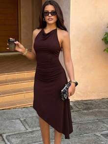 Vestido mujer moda espalda descubierta pliegues cintura ajustada lazos elegante estilo europeo - Café - Ver 12