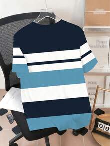 Conjunto deportivo de estilo casual y minimalista con rayas "Azul cielo y águila" para hombres - Hecho de tela de punto de poliéster, diseño de cuello redondo, pantalones cortos con cordón, detalles de bolsillo, ajuste regular, adecuado para tallas grandes - Multicolor - Ver 4