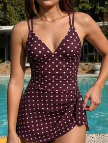 Swim Mod Vestido de baño con tirantes de mujer con pliegues y lunares para playa y vacaciones - Blanco - Ver 4